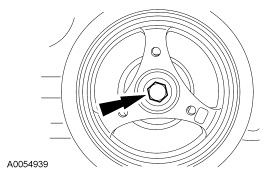 Step 43: Remove the crankshaft pulley bolt.