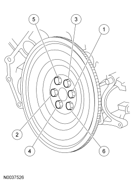 Step 1: Position the flexplate and loosely install the 6 bolts. Tighten the bolts in the sequence shown to 80 Nm (59 lb-