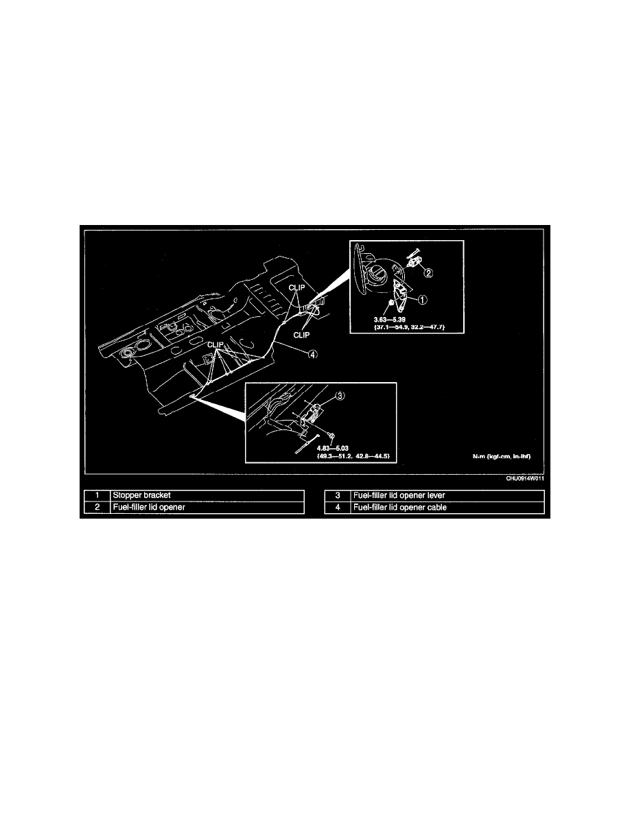 Mazda 3 Service Manual: Fuel Filler Lid Opener And Lever RemovalInstallation Mazda 3 Service Manual: Fuel Filler Lid Opener And Lever RemovalInstallation