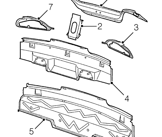 Rear body – The luggage floor, including RH and LH reinforcement plates, is serviced as an assembly (2