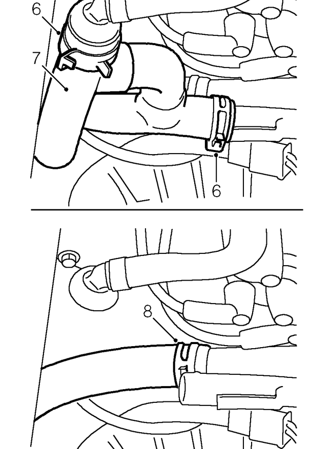 Engine and manual gearbox assembly – Release clip securing coolant hose to coolant outlet elbow on cylinder head.