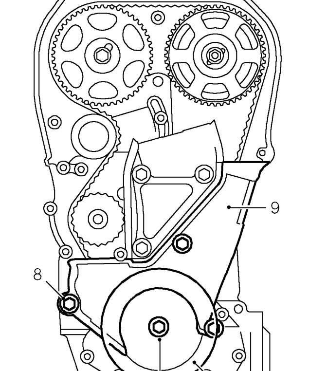 Camshaft timing belt rear cover - mpi and vvc - manual models – Fit tool 18G 1742, and secure with starter motor bolts.