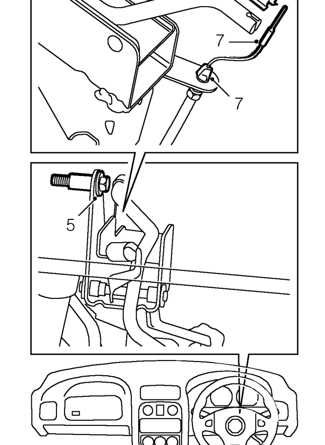 Throttle cable – Remove 2 nuts securing throttle pedal bracket to bulkhead.