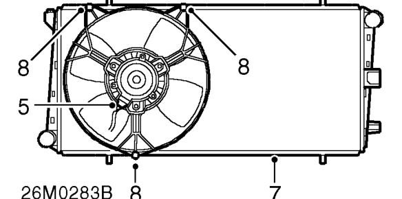 Radiator – Release clips securing top and bottom hoses to radiator and remove hoses.