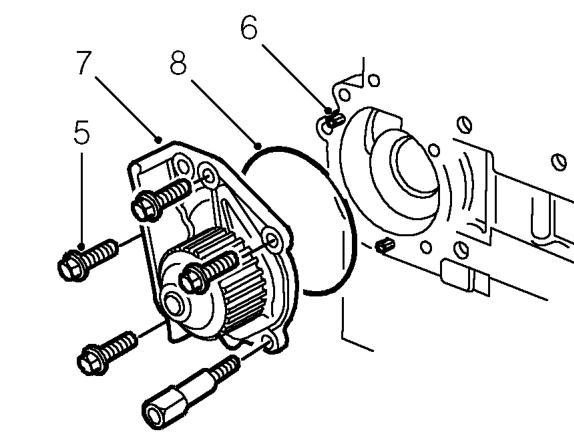 Engine coolant pump – Remove bolt securing timing belt rear cover to coolant pump.