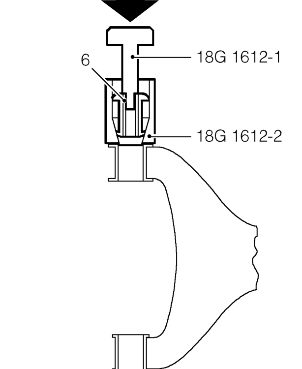 Fit rear bush into tool 18G 1612-2 with the rounded flange uppermost with the arrows on bu