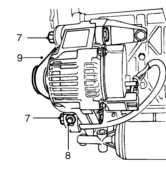 Loosen bolt securing alternator adjustment bracket.