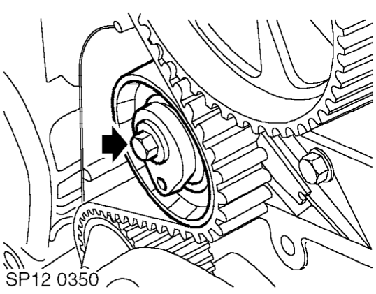 Remove 3 bolts securing timing belt lower cover to cylinder block, remove cover and rubber