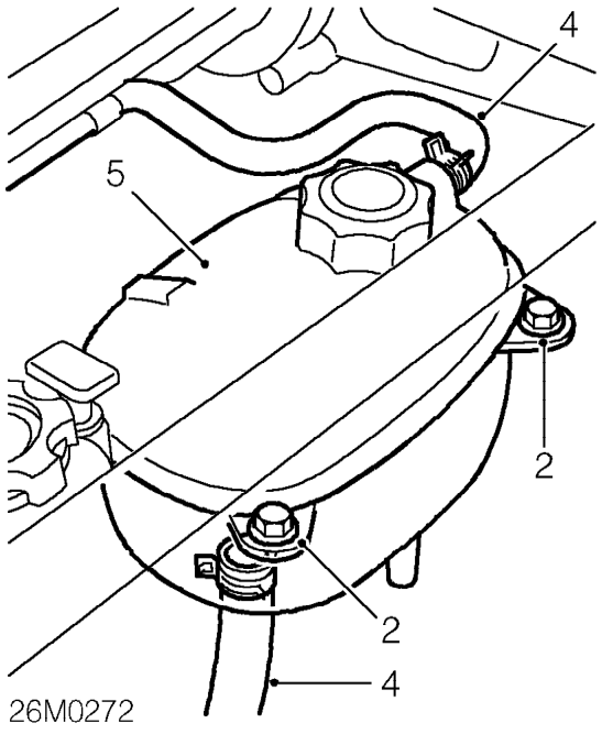 Expansion tank – Remove engine compartment access panel. See BODY, Exterior fittings.