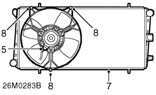 Radiator – Release clips securing top and bottom hoses to radiator and remove hoses.