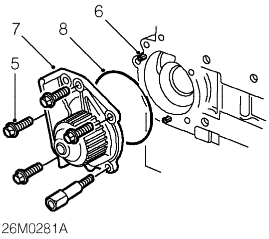 Engine coolant pump – Remove bolt securing timing belt rear cover to coolant pump.