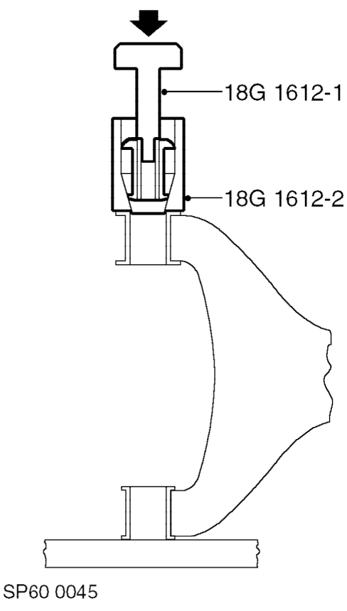 Fit rear bush into tool 18G 1612-2 with the rounded flange uppermost with the arrows on bu