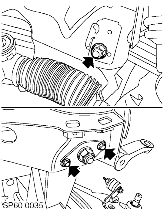 Remove 3 bolts securing LH crash can to subframe and remove crash can.