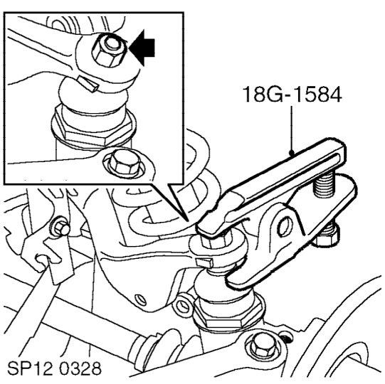 Ball joint - upper – Raise anti-roll bar and upper arm to access ball joint.