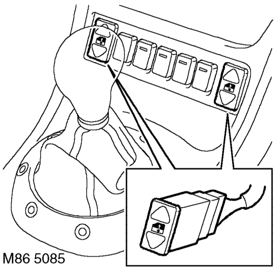 Electric window switch – Remove console closing panel. See BODY, Interior trim components.