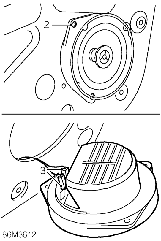 Front speaker – Remove front door trim casing. See BODY, Doors.