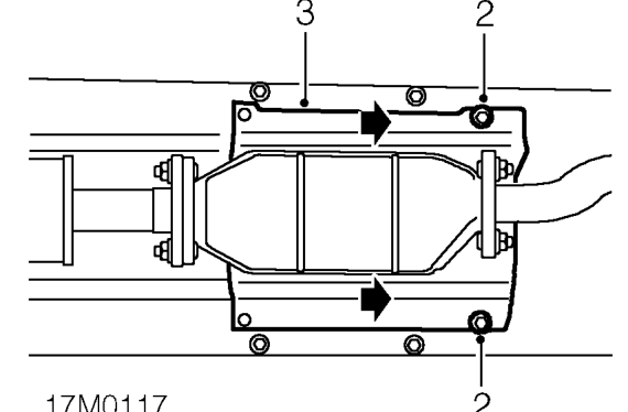 Catalytic converter heat shield – Remove intermediate pipe heat shield. See MANIFOLD &amp; EXHAUST SYSTEMS, Repairs.