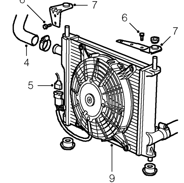 Radiator – Remove alternator. See ELECTRICAL, Repairs.