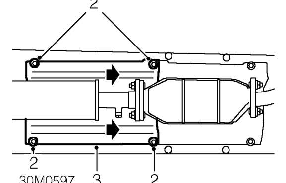 Intermediate pipe heat shield – Raise vehicle on a 4 post ramp.