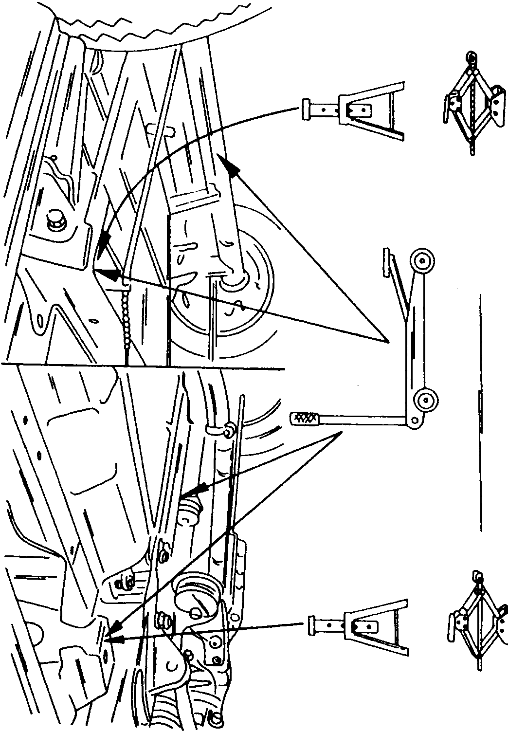 View of the vehicle from underneath showing where a mobile jack, a scissor jack or chassis stands can be placed. The arrows show that chassis stands should have flat support pads (not "V"-shaped).