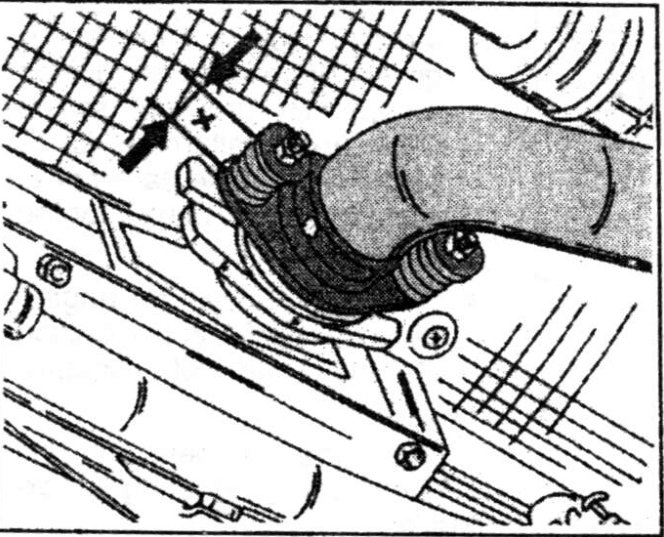 Two nuts being tightened on an exhaust pipe connection with dimension 'X' marked; arrows indicate tightening direction