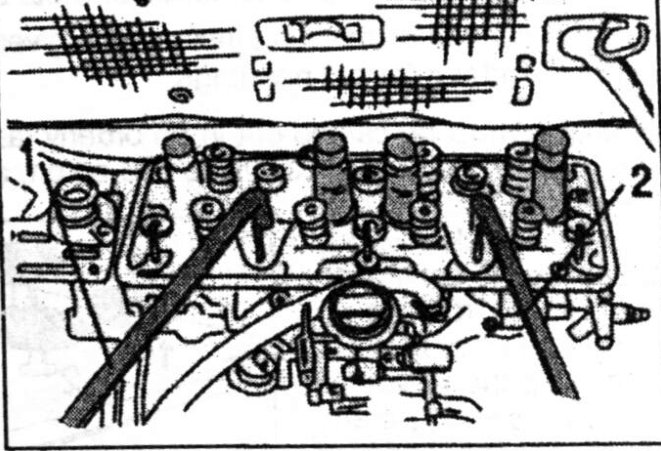 Lifting off the cylinder head. Use two lifting bars (1 and 2) as shown.