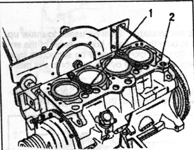 Cylinder liners can be clamped in position with two clamps (1) as shown. Bolt the clamps to the block (2).