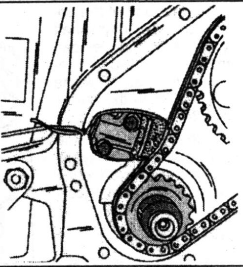A Renold chain tensioner must be tied together with a piece of wire before it can be removed from the cylinder block.