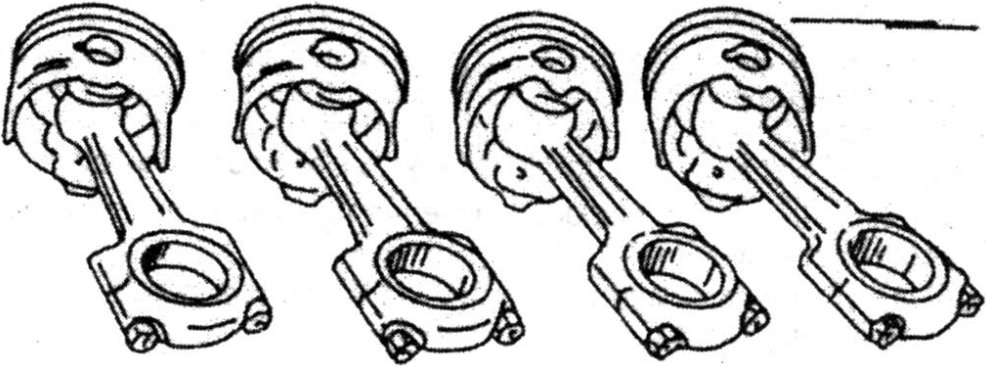 Four connecting rods with pistons and big end bearing caps provisionally attached, laid out in a row labeled I, II, III, IV.