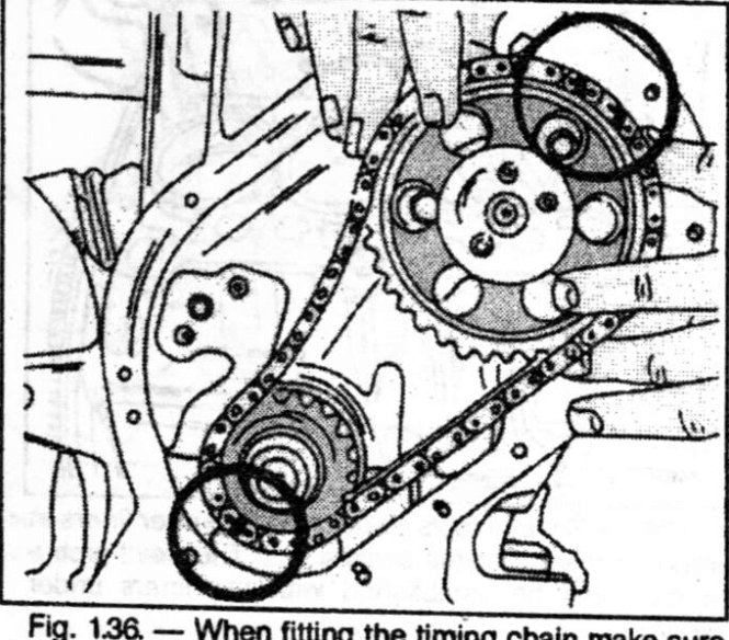 Timing chain being fitted with marks aligned