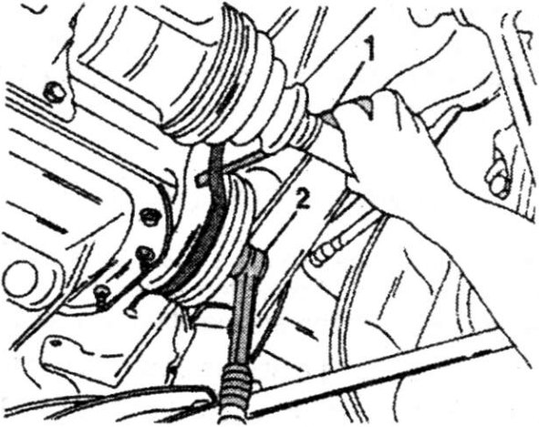 Removal of the water pump drive belt. Insert a screwdriver (1) below the V-belt and rotate the pulley with a socket (2) until the belt is free.