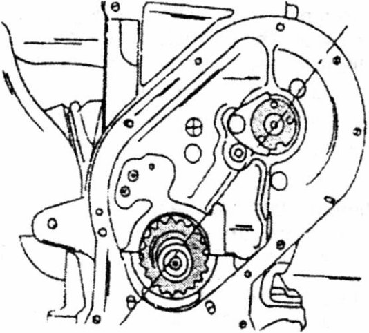Timing mechanism with crankshaft and camshaft showing alignment marks