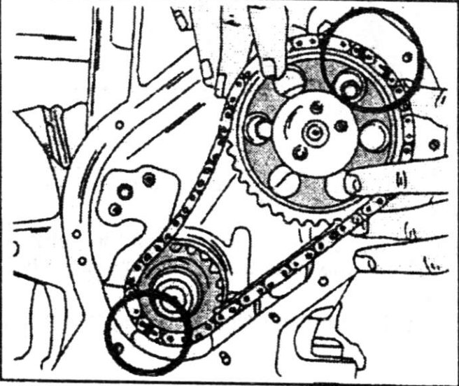 Timing chain being fitted over sprockets with alignment marks visible