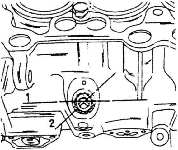 Diagram showing fitting of oil pump/distributor shaft with parts labeled '1' and '2'