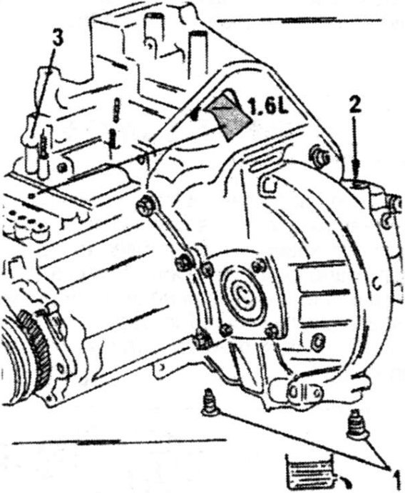 Transmission with drain plugs, oil dipstick and oil filler plug marked