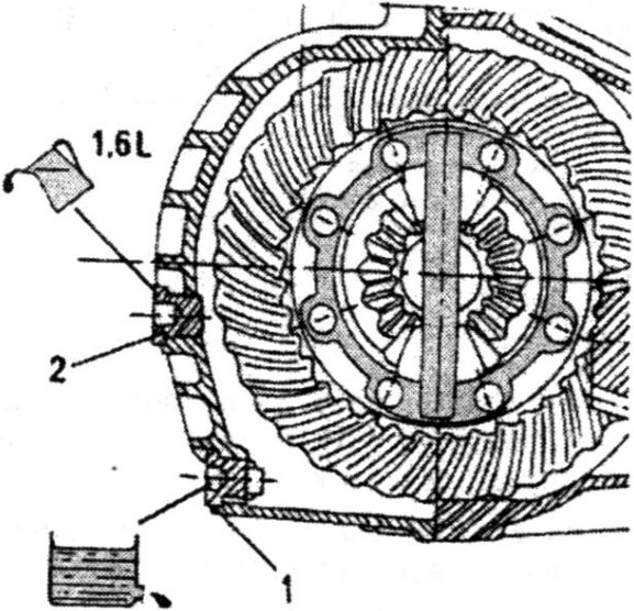 Transmission with oil drain plug and filter plug marked