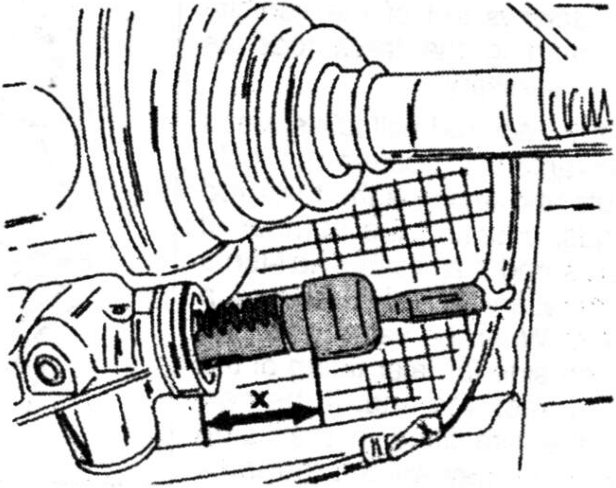 Steering pinion and rack assembly showing dimension 'X'