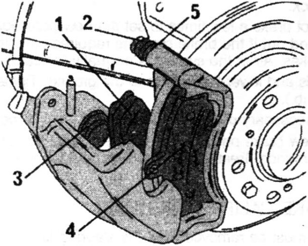 Brake caliper with brake pads and guide bolt exposed after removal of upper bolt