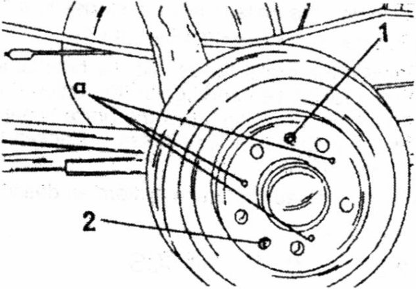 Removal of a brake drum. The drum is secured with the wheel guide pin (1) and a single screw (2). The threaded bores "a" are used to fit the extractor bolts.