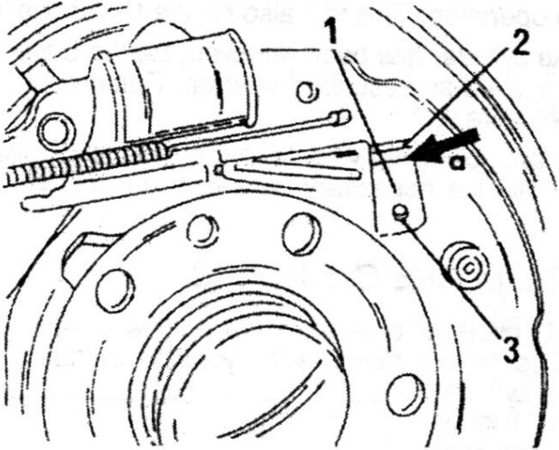 Diagram showing brake system components including adjuster lever (1), spring (3), and brake shoe