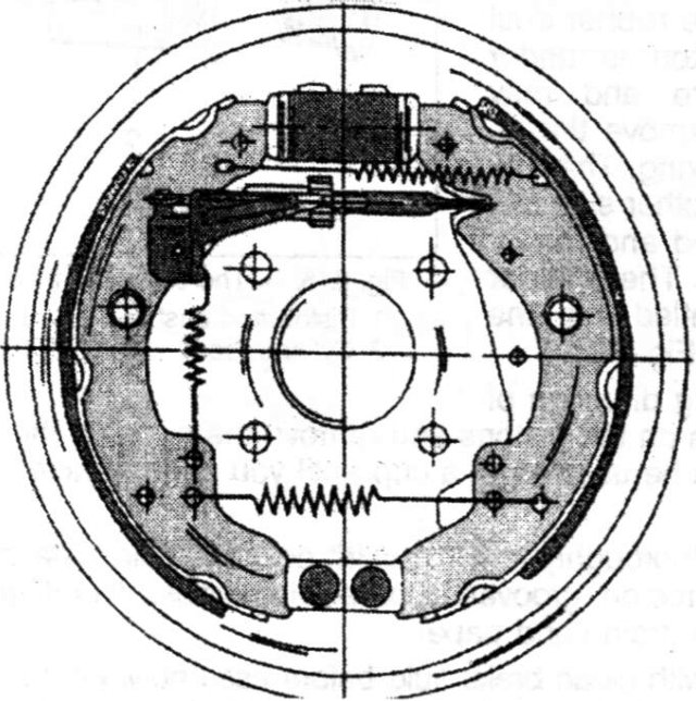 Illustration of a drum brake assembly showing brake shoes, return springs, and adjustment components.