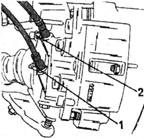 The location of the bleeder screws on a front caliper