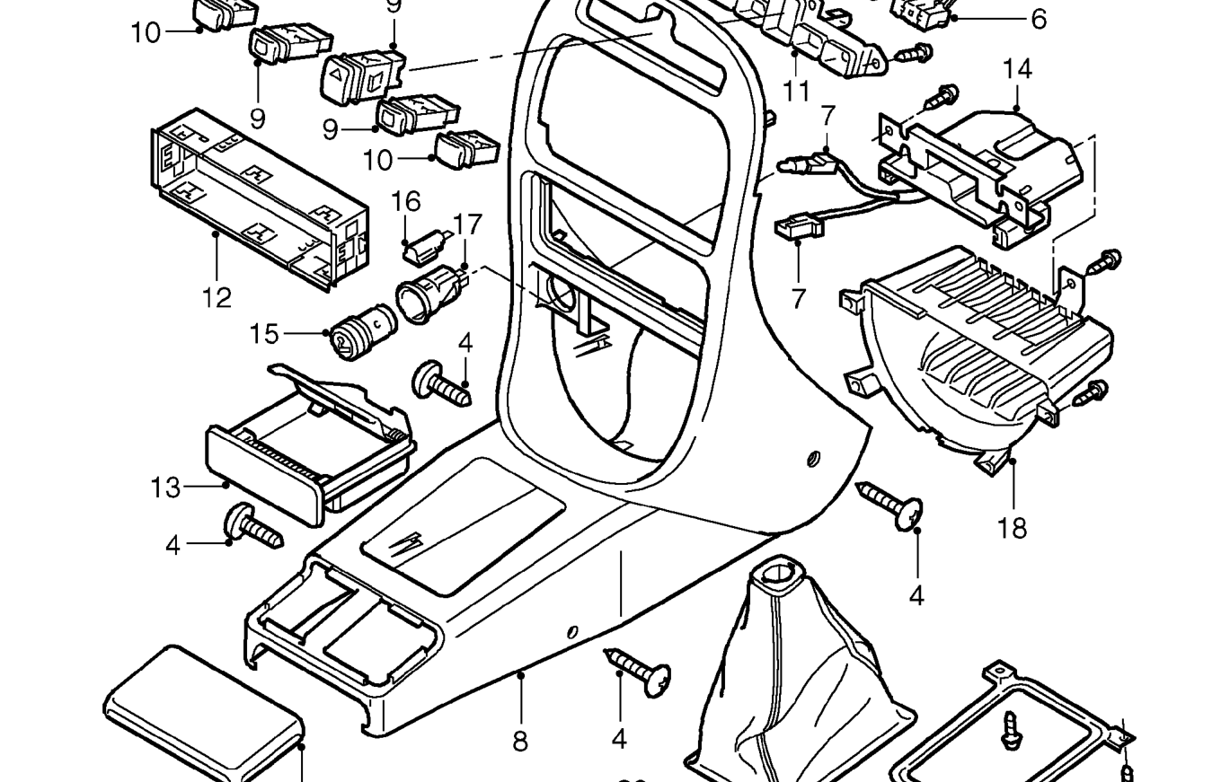 Front console – Release gaiter and remove gear knob.