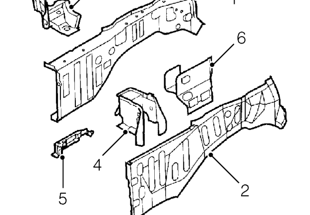 Sidemember assembly – Valances are serviced with front valance assembly (1), reinforcement (2) and RH tie-bar gu