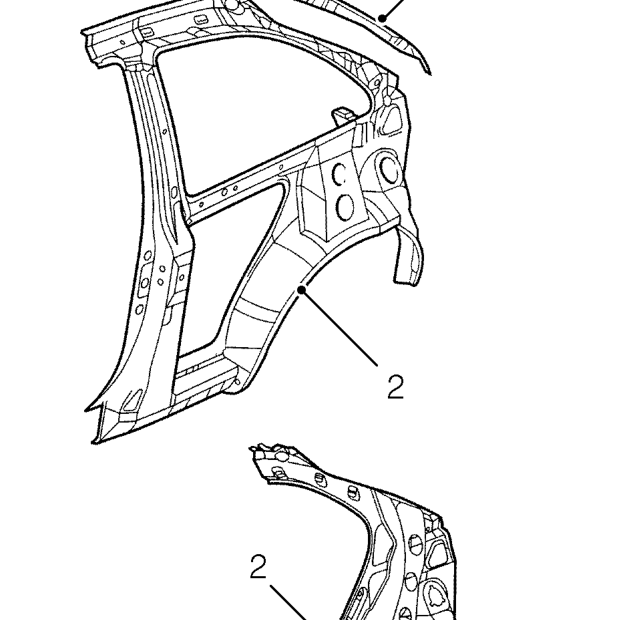 Rear quarter assembly – Front and rear doors are serviced without hinges which are available separately. Outer doo