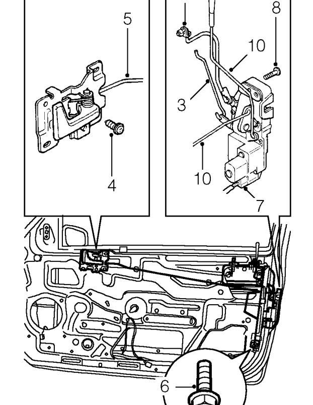 Front door lock motor – Remove front door outside handle. See BODY, Exterior fittings.