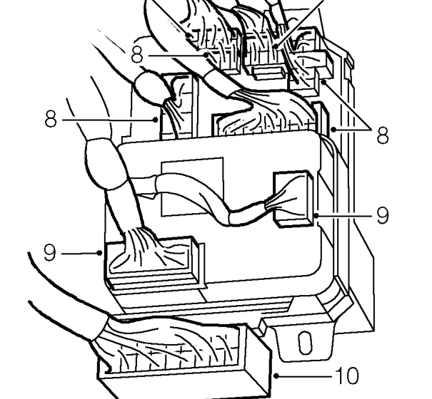Passenger compartment fuse box – Remove 2 nuts securing fuse box to mounting bracket.