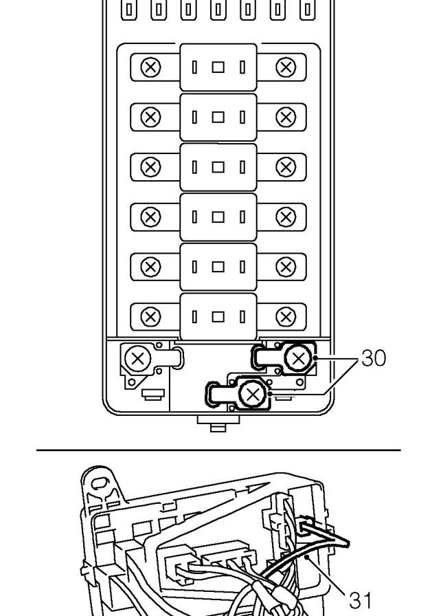 Depress 2 clips and remove fuse box inner cover.