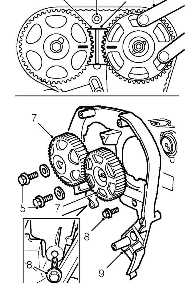 Cylinder head gasket - models without air conditioning – Check correct alignment of timing marks on crankshaft and camshaft gears.