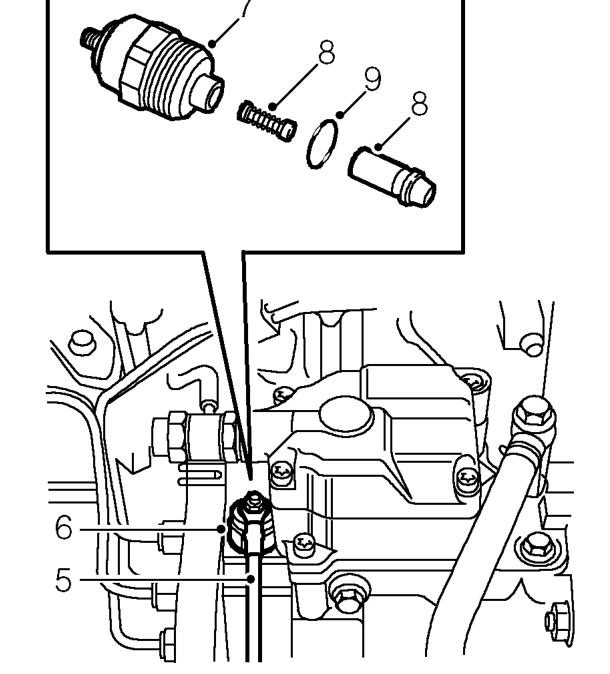 Fuel shut-off solenoid – Position absorbent cloth around solenoid to absorb fuel spillage.